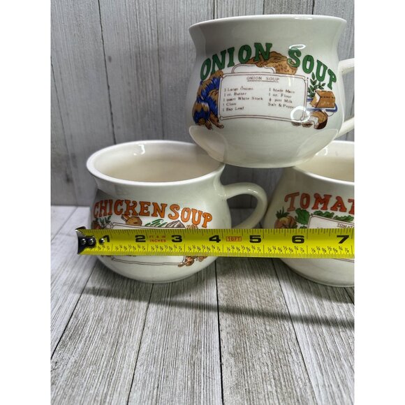 Vintage Soup Recipe Bowls Mugs Onion, Chicken, Tomato Boho Farmhouse - Set of 3 - Picture 9 of 9
